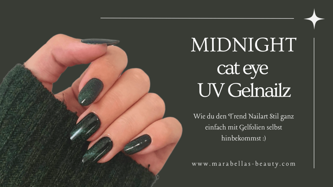 Foto einer Hand mit langen Nägeln und den UV Gelfolien MIDNIGHT cat eye UV Gelnailz