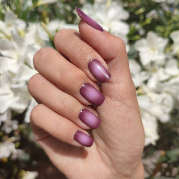 VIOLET VOUGE UV Gelnailz. Gepflegte Fingernägel, mit weißen Blumen im Hintergrund